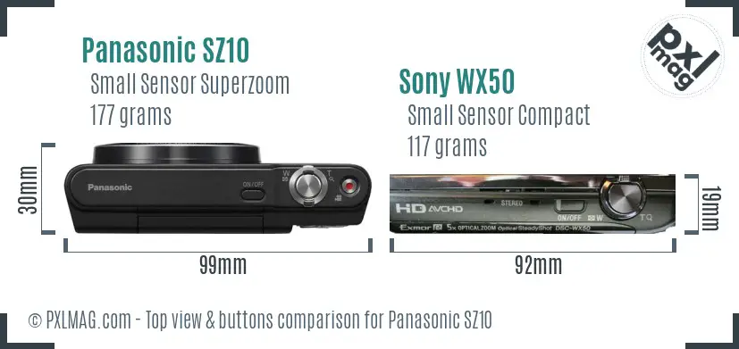 Panasonic SZ10 vs Sony WX50 top view buttons comparison