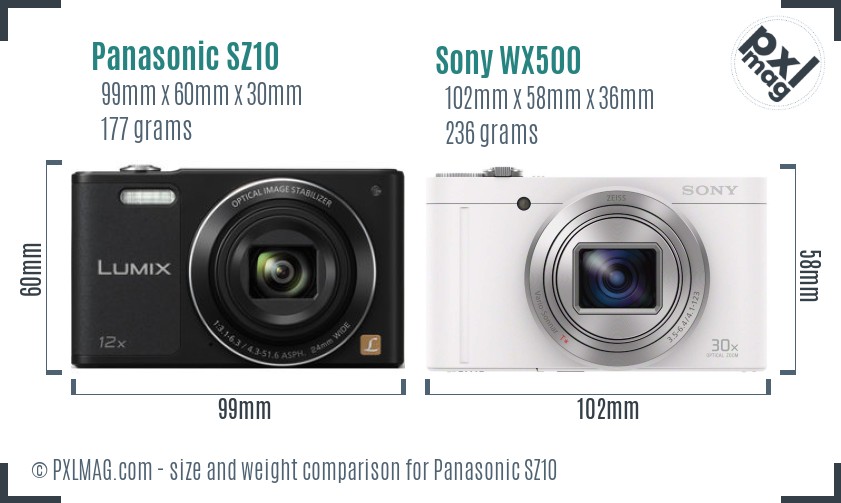 Panasonic SZ10 vs Sony WX500 size comparison