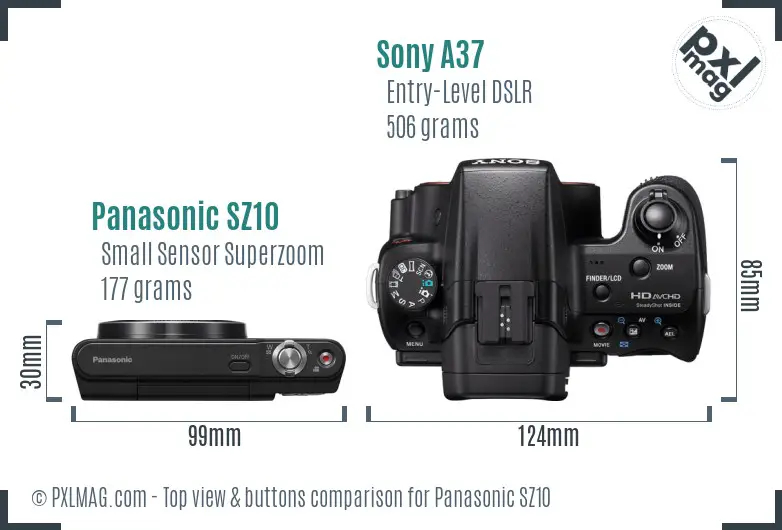 Panasonic SZ10 vs Sony A37 top view buttons comparison Panasonic SZ10 vs Sony A37 top view buttons comparison