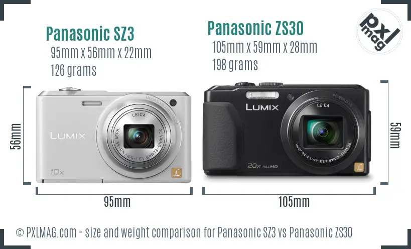 Panasonic SZ3 vs Panasonic ZS30 size comparison