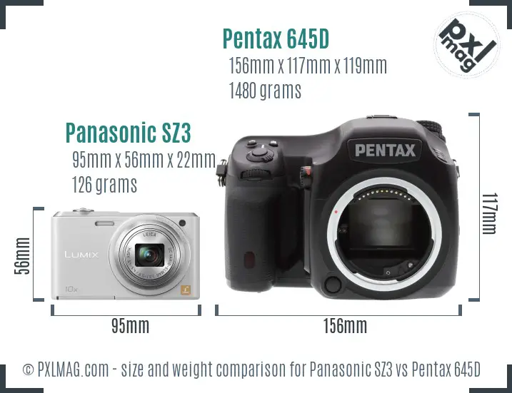 Panasonic SZ3 vs Pentax 645D size comparison