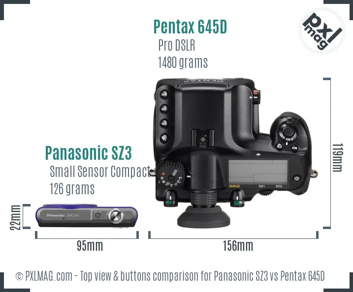 Panasonic SZ3 vs Pentax 645D top view buttons comparison
