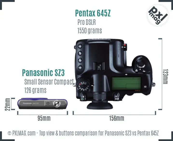 Panasonic SZ3 vs Pentax 645Z top view buttons comparison
