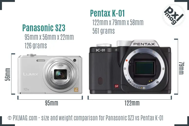 Panasonic SZ3 vs Pentax K-01 size comparison