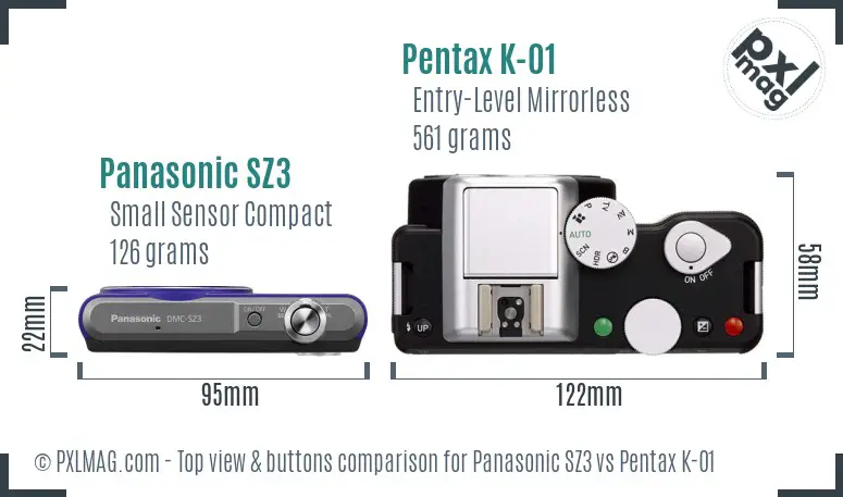 Panasonic SZ3 vs Pentax K-01 top view buttons comparison