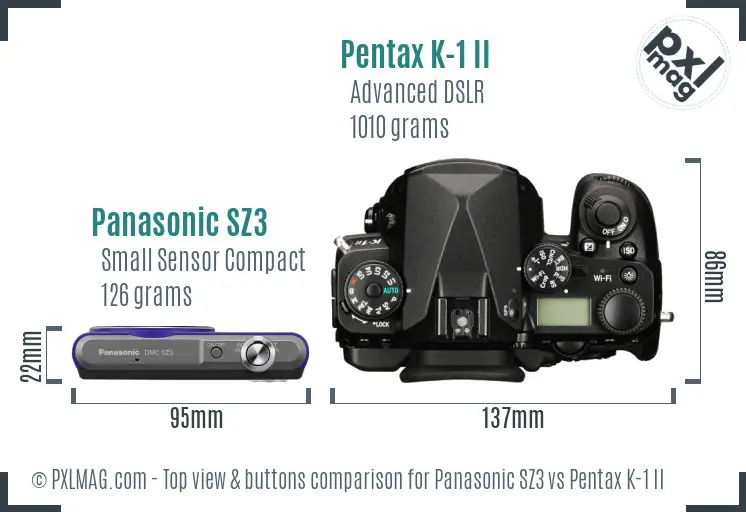Panasonic SZ3 vs Pentax K-1 II top view buttons comparison