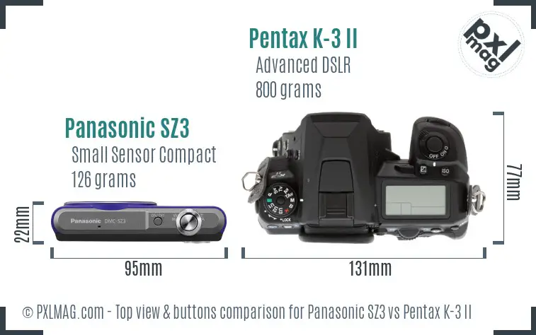 Panasonic SZ3 vs Pentax K-3 II top view buttons comparison