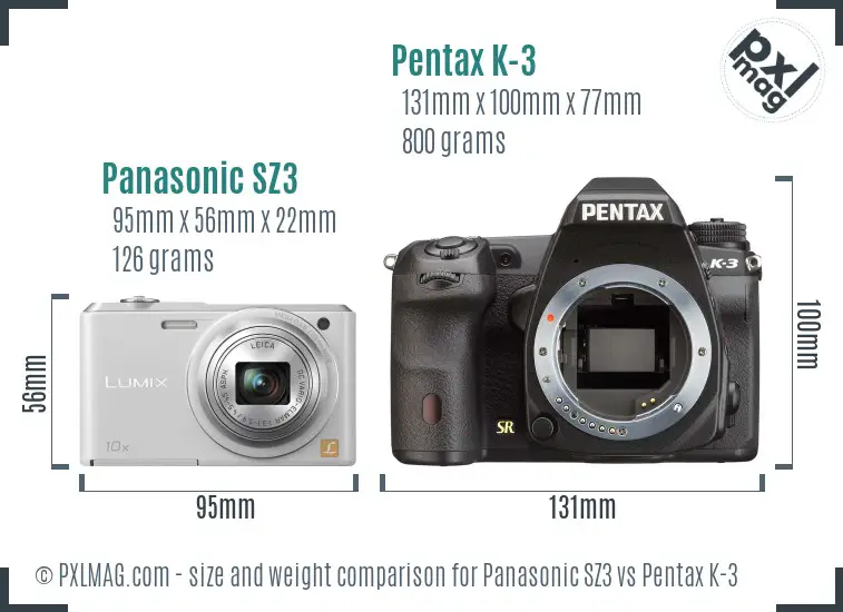 Panasonic SZ3 vs Pentax K-3 size comparison