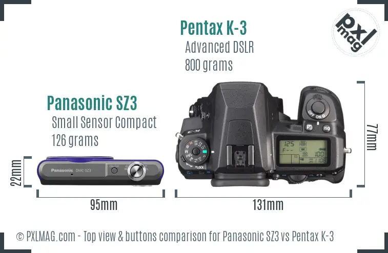 Panasonic SZ3 vs Pentax K-3 top view buttons comparison