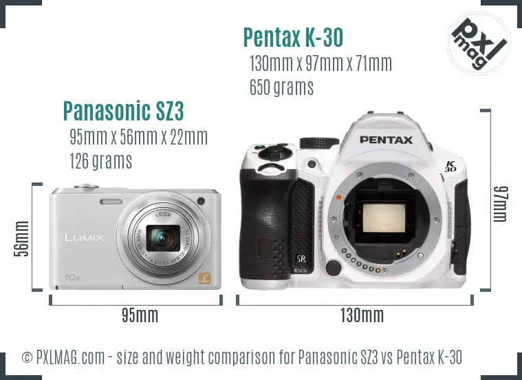 Panasonic SZ3 vs Pentax K-30 size comparison