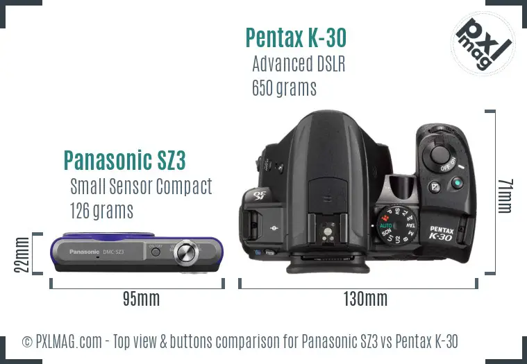 Panasonic SZ3 vs Pentax K-30 top view buttons comparison