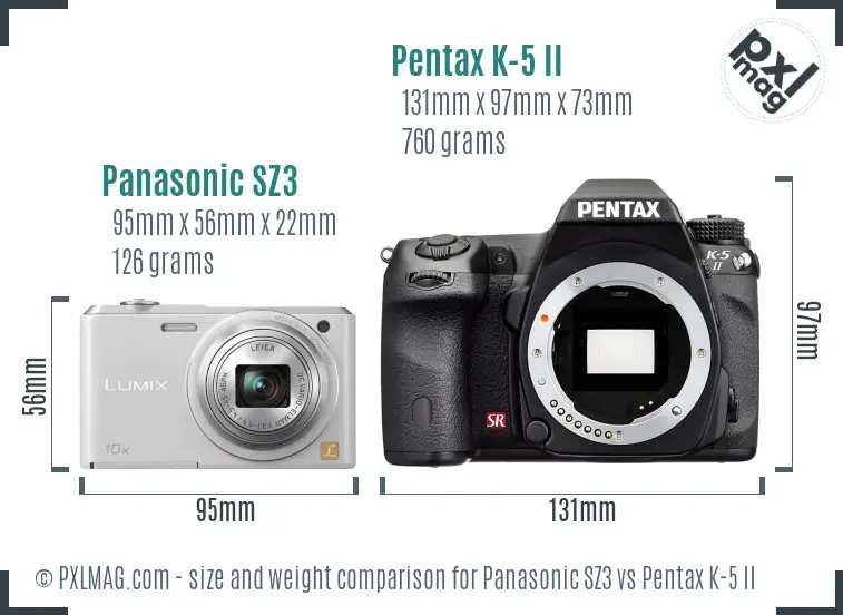 Panasonic SZ3 vs Pentax K-5 II size comparison