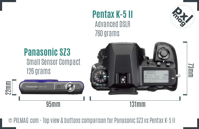 Panasonic SZ3 vs Pentax K-5 II top view buttons comparison