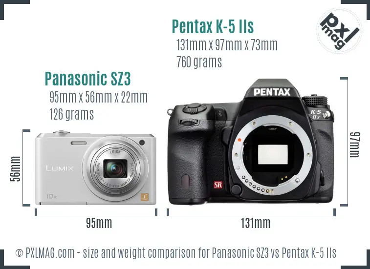Panasonic SZ3 vs Pentax K-5 IIs size comparison