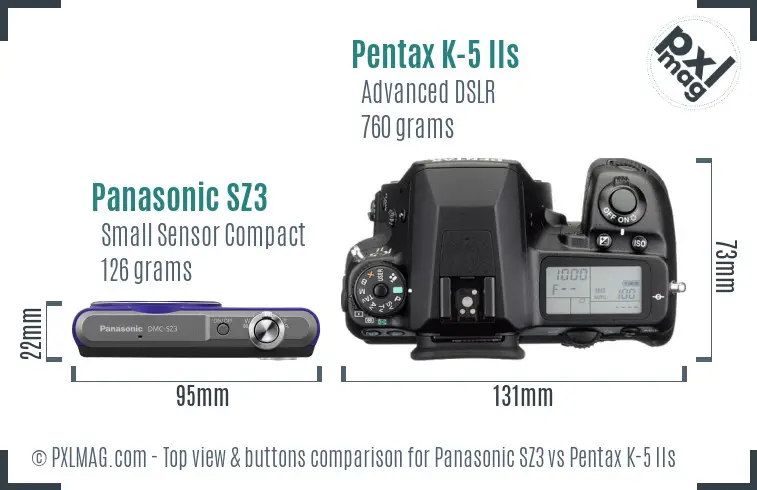 Panasonic SZ3 vs Pentax K-5 IIs top view buttons comparison