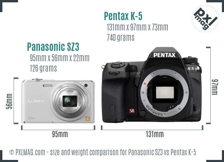 Panasonic SZ3 vs Pentax K-5 size comparison