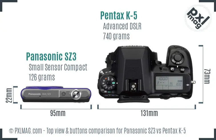 Panasonic SZ3 vs Pentax K-5 top view buttons comparison