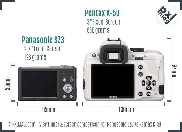 Panasonic SZ3 vs Pentax K-50 Screen and Viewfinder comparison