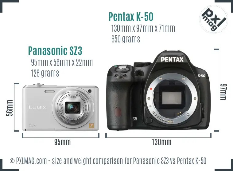 Panasonic SZ3 vs Pentax K-50 size comparison