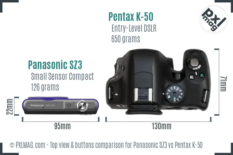 Panasonic SZ3 vs Pentax K-50 top view buttons comparison