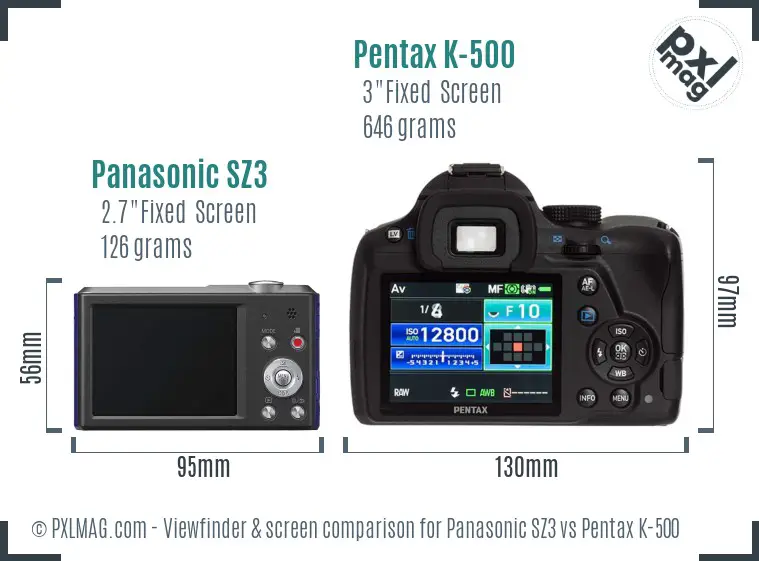 Panasonic SZ3 vs Pentax K-500 Screen and Viewfinder comparison