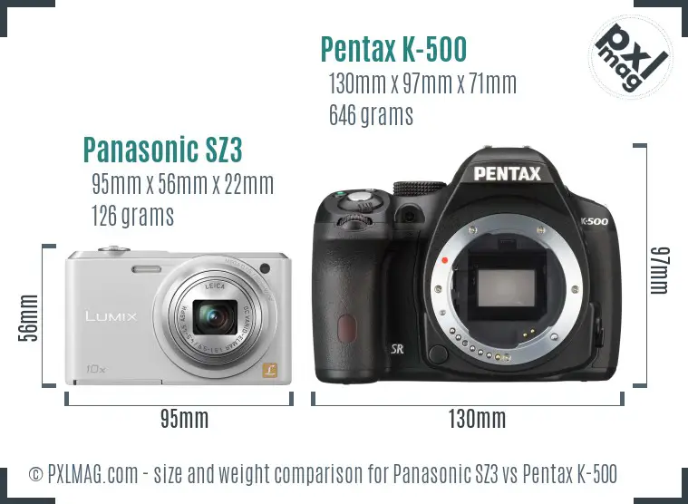 Panasonic SZ3 vs Pentax K-500 size comparison