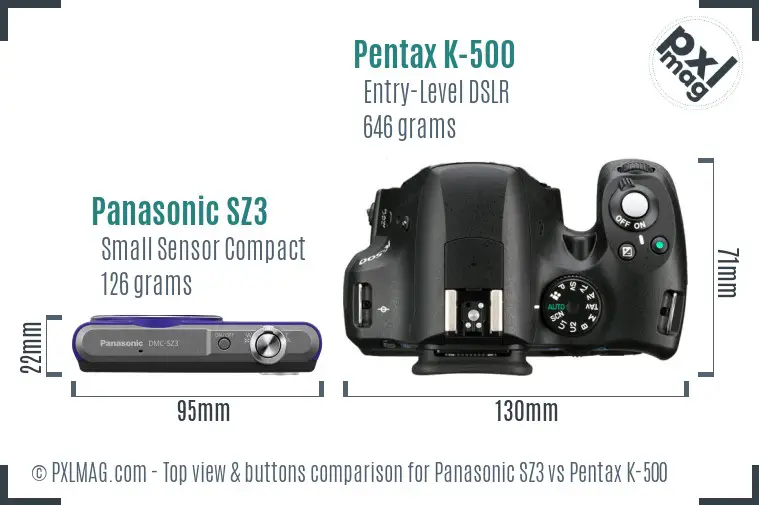 Panasonic SZ3 vs Pentax K-500 top view buttons comparison