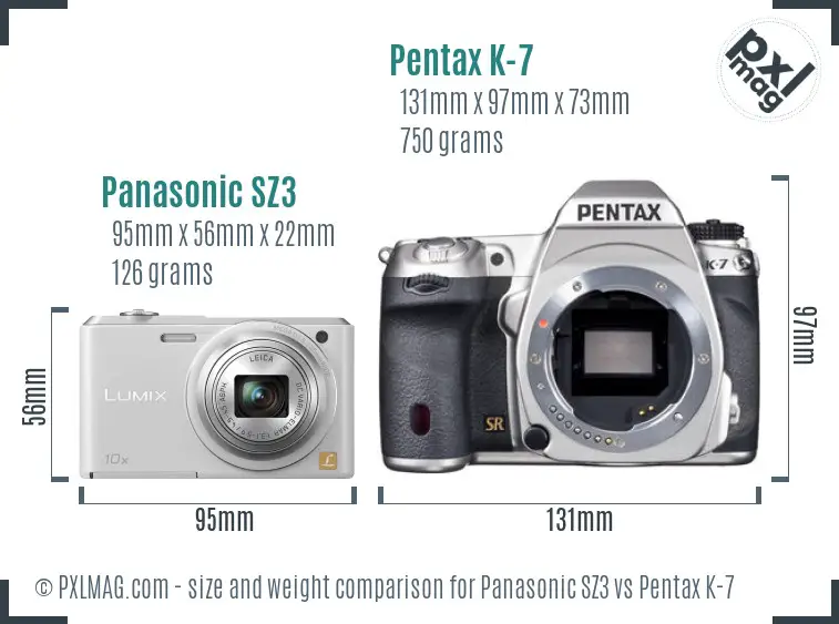 Panasonic SZ3 vs Pentax K-7 size comparison