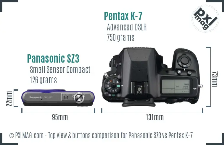Panasonic SZ3 vs Pentax K-7 top view buttons comparison