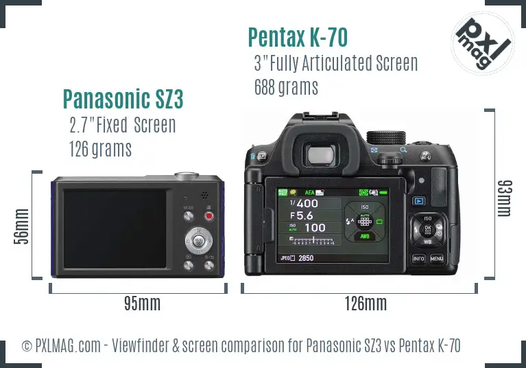 Panasonic SZ3 vs Pentax K-70 Screen and Viewfinder comparison