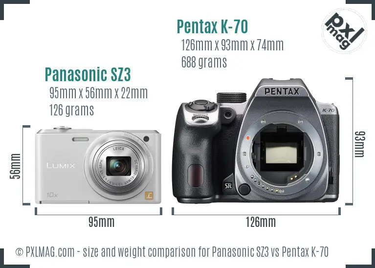 Panasonic SZ3 vs Pentax K-70 size comparison