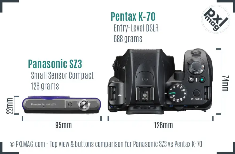 Panasonic SZ3 vs Pentax K-70 top view buttons comparison