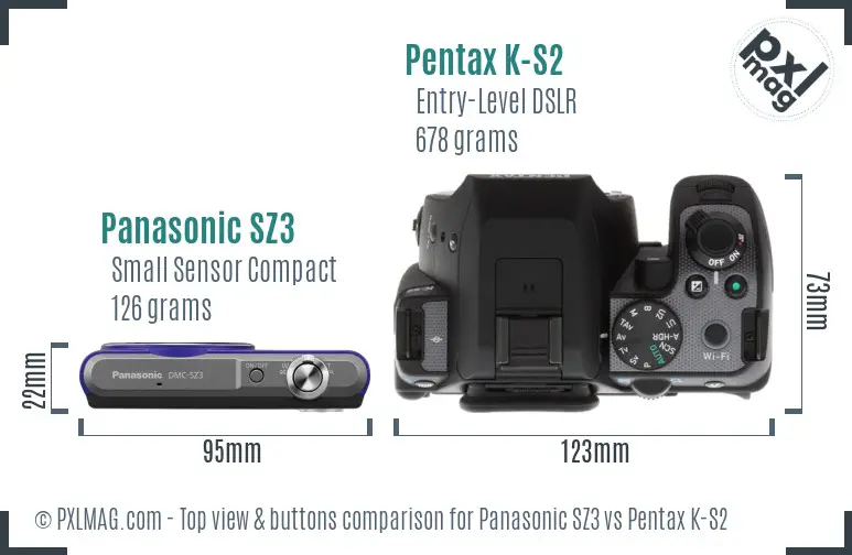 Panasonic SZ3 vs Pentax K-S2 top view buttons comparison