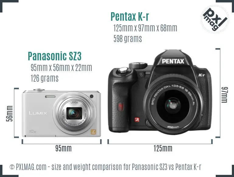 Panasonic SZ3 vs Pentax K-r size comparison