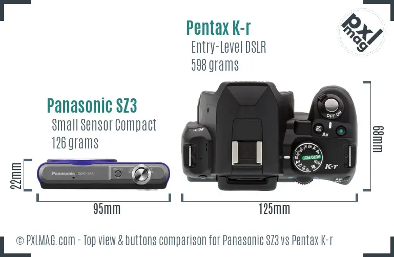 Panasonic SZ3 vs Pentax K-r top view buttons comparison
