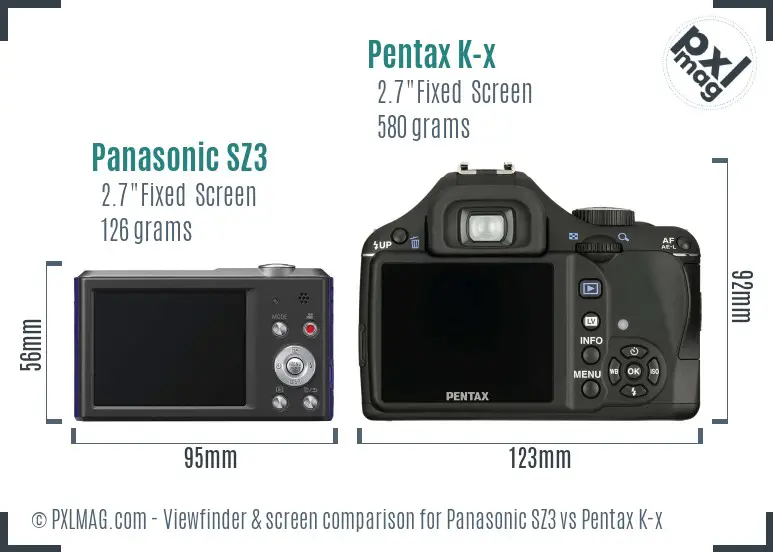 Panasonic SZ3 vs Pentax K-x Screen and Viewfinder comparison