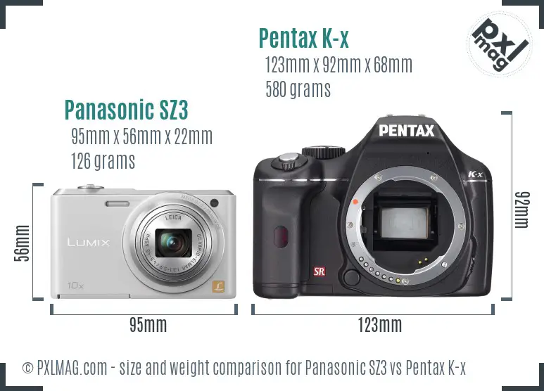 Panasonic SZ3 vs Pentax K-x size comparison