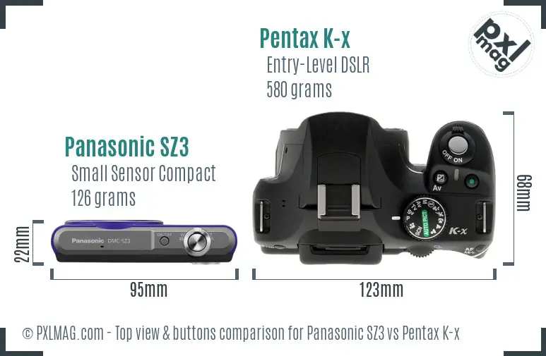 Panasonic SZ3 vs Pentax K-x top view buttons comparison
