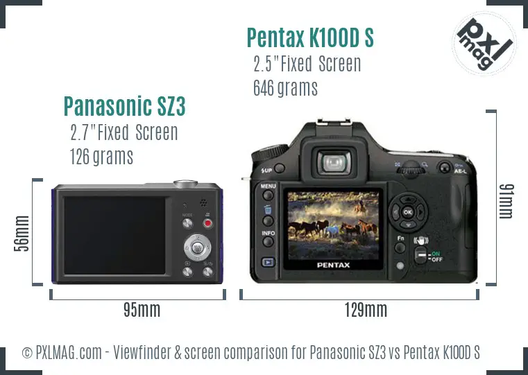 Panasonic SZ3 vs Pentax K100D S Screen and Viewfinder comparison