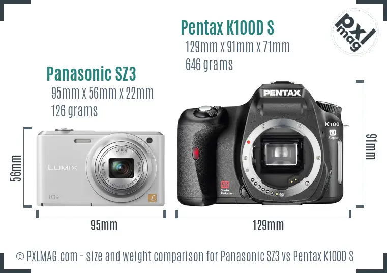 Panasonic SZ3 vs Pentax K100D S size comparison