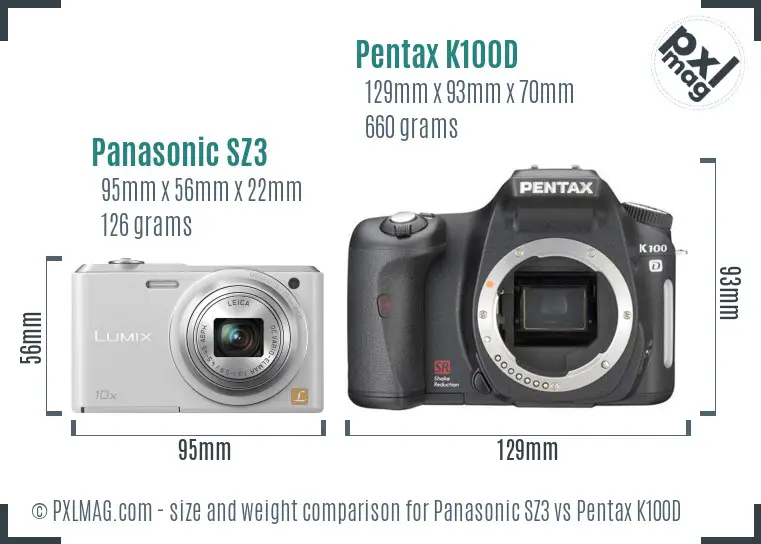 Panasonic SZ3 vs Pentax K100D size comparison