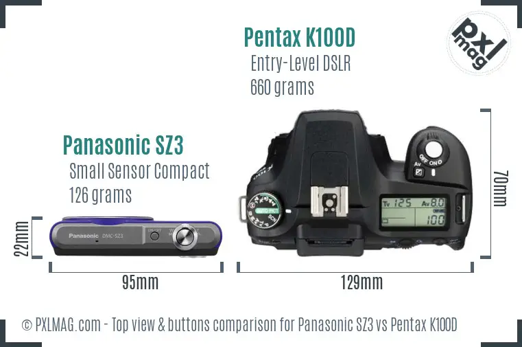 Panasonic SZ3 vs Pentax K100D top view buttons comparison