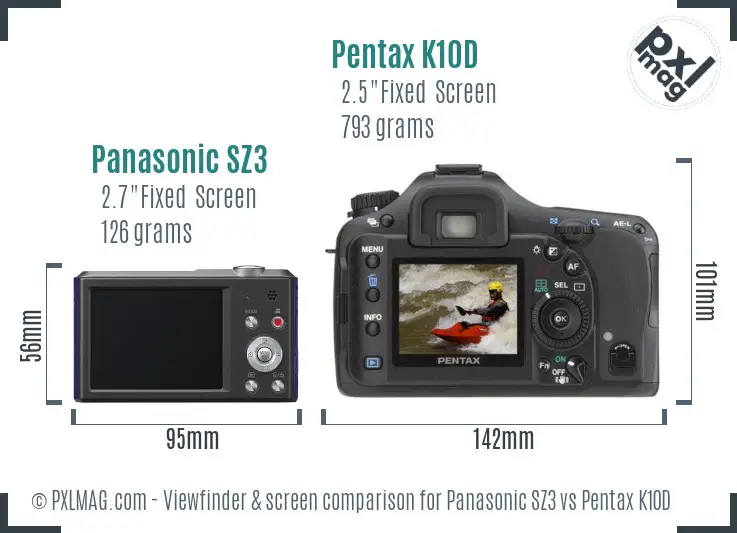 Panasonic SZ3 vs Pentax K10D Screen and Viewfinder comparison