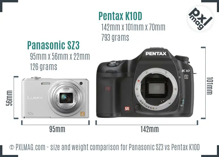 Panasonic SZ3 vs Pentax K10D size comparison