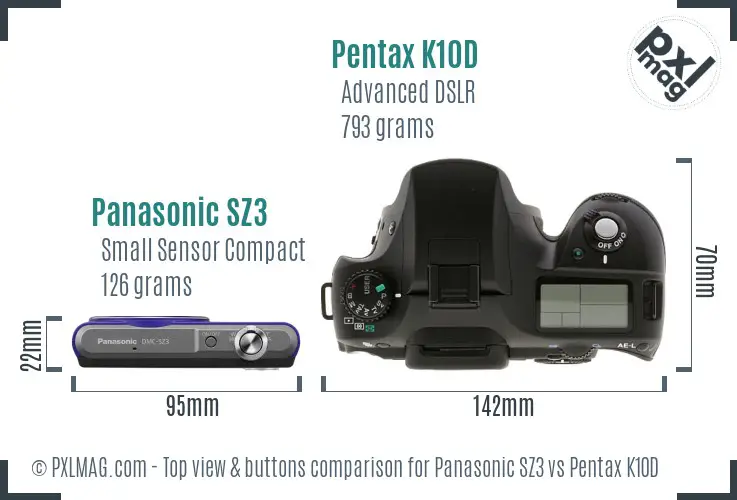 Panasonic SZ3 vs Pentax K10D top view buttons comparison