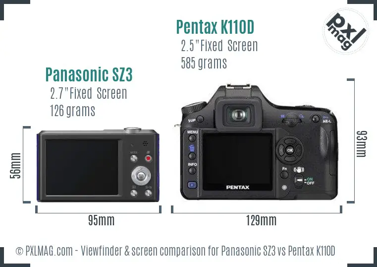 Panasonic SZ3 vs Pentax K110D Screen and Viewfinder comparison