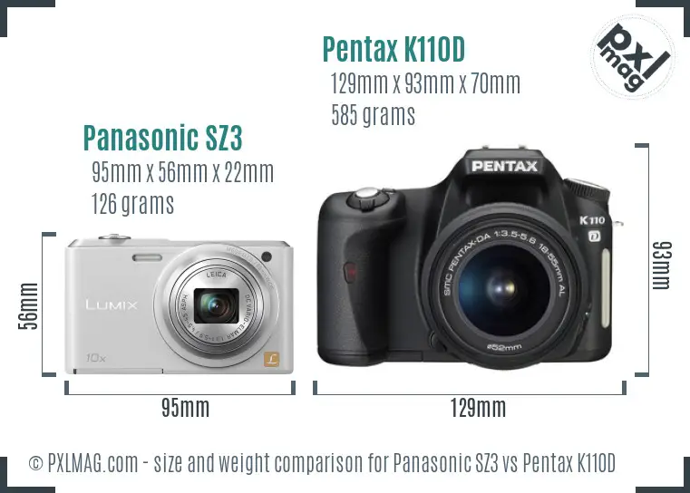 Panasonic SZ3 vs Pentax K110D size comparison