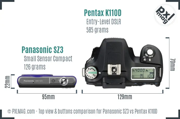 Panasonic SZ3 vs Pentax K110D top view buttons comparison