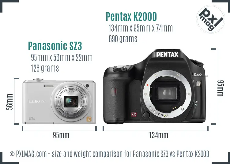 Panasonic SZ3 vs Pentax K200D size comparison