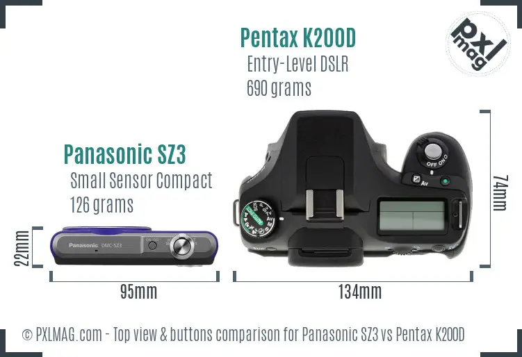 Panasonic SZ3 vs Pentax K200D top view buttons comparison